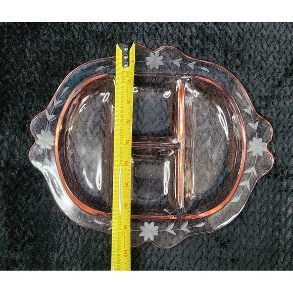 Fostoria Pink Etched Glass 4-Compartment Divided Tray Depression Glass 1920s-50s - Picture 9 of 11